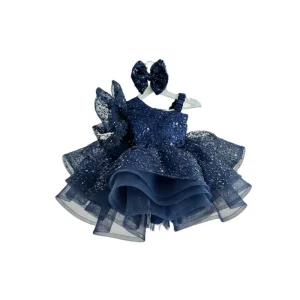 Navy Blue Sequin One Shoulder Flower Girl Dress Tiered Tulle Tutu Gown with Bow for Pageant Birthday Party
