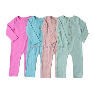 Neutral Solid Pattern Long Sleeve Jumpsuit for Newborn Baby Girls Cute Cotton Rompers with Button Design
