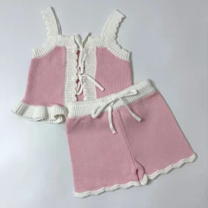 New Arrival 100% Cotton Knitwear Girl Summer Fashion Solid Vest and Shorts Set Toddler Children Knitted Clothes Set with Ruffles