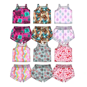 New Arrival Custom Print Breathable Bamboo Fabric Tank Top and Short 2-Pieces Kids Girls Clothes Sets Outfits