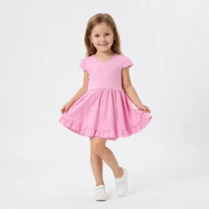 New Arrival Cute Cotton Toddler Girl Solid Pink Ruffle Dress 2PCS Outfit 2 4Yrs Kids Summer Casual Daily Party Wear