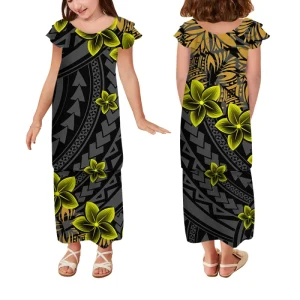 New Arrival Double Layered Ruffles Kids Puletasi Set Dress Polynesian Tribal Frill Girls Dress Kids Top and Skirts 2pcs