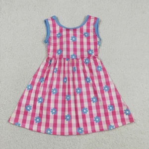 New Arrival Girls Pink Plaid Flower Print Sleeveless Dress with Blue Bow Knee Length A Line Dress Summer Cute Style