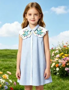 New Arrival Kids Sleeveless Blouse with Embroidery 100% Cotton Seersucker Girls’ Summer Top with Big Collar