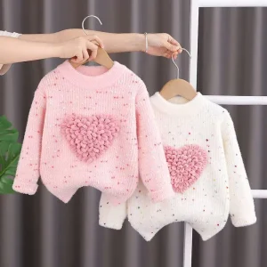New Arrival Study Indoors Reading Wearing Weave Heart shaped Patterns Kids Sweater Girls Sweaters