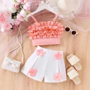New Arrival Summer Girls’ Lace Suspender Tops Floral Two Piece Casual Outfit Breathable Clothing Set 4 7 Years Kids Stock