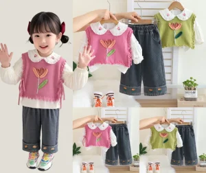 New Autumn Casual 0-5yrs Soft Girl Clothing Set Sleeveless Cotton Sweater with Flower Long Denim Trousers 3-Piece Set