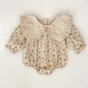 New Autumn Spring Baby Girl Romper Wide Lapel Floral Print Long Sleeves Infant Princess Jumpsuit Baby Bodysuit