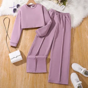 New Autumn Winter Kids Girls Casual Solid 2 Piece Clothing Set Teen Girl Crop Top Loose Pant 7 to 12 Years