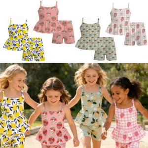 New Boutique Children Girls Clothing Sets Ruffle Hem Strap Top and Shorts Kids Girls Outfits