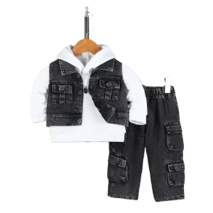 New Boys Clothing Spring and Autumn Long Sleeve T shirt Multi Pocket Vest Overalls 3 Piece Set