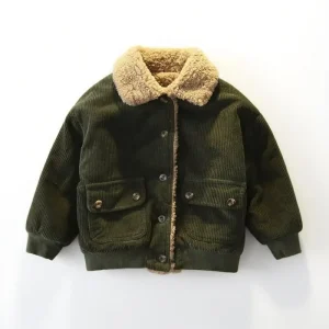 New Boys Corduroy Jacket Fashionable Thickened Winter Coat with Fleece Solid Pattern for Kids