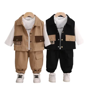 New Boys Foreign Style Casual Waistcoat Set Double Pocket Solid Spring Three Piece Set Children Handsome Baby Fried Street