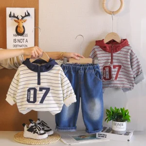 New Boys’ Spring Outfit Trendy Striped Hooded Sweatshirt 2 Piece Set Casual Clothing for Kids Toddler Boys