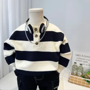 New Boys Striped Sweater Stylish Casual Henry Neck Knitted Pullover for Kids Trendy Baby Winter Thick Woolen Sweater