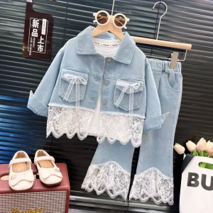 New Casual Children’s Girls Clothing Set Denim Lace Patchwork Kids Denim Bow Jacket Pants 2pcs Outfits