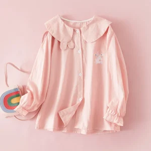 New Casual Cotton Round Neck Spring Autumn Girls Shirt Breathable Long Sleeve Printed Shirt with Single Button Closure for Kids