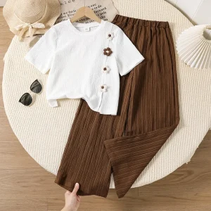 New Children Girl Summer 2 Pcs Outfit Set White Flowers Patchwork Short Shirt + Brown Pants Sun Set