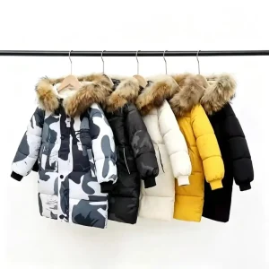 New Children’s Long Coat with and Hood Made of Down Boys’ Camouflage Thick Winter Cotton Windproof and Warm Coat
