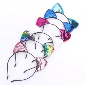New Creative Flip Color Sequins Princess Hair Hoop Children Cat Ear Headband 11cm Party Jewelry Decoration