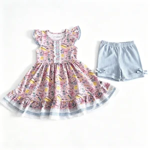 New Custom Print Girls Clothing Set Cotton Girl Back to School Dress & Stripe Shorts Casual Summer Kids Two Piece Outfit