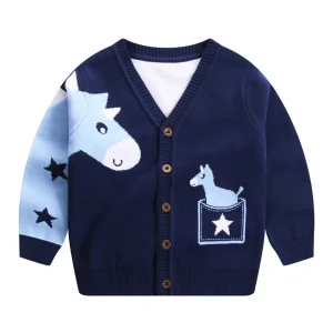 New Cute Donkey Print V Neck Button Up Knitted Cardigan Soft Cotton Sweater for Boys Girls School Daily Bulk