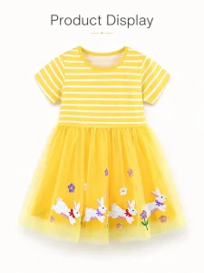 New Cute Girls Tulle Princess Dress Cotton Striped Bunny Embroidery Short Sleeve Mesh Party Dress Kids Summer Boutique Wear