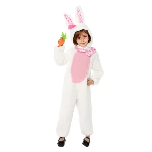 New Cute Kids Bunny Costume Fuzzy White Rabbit Hooded Jumpsuit with Ears for Girls Halloween Cosplay Dress Up