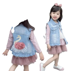 New Denim Vest Kids Fashion Swan Appliques Waistcoat Children Clothing Vests Waistcoats Newborn Baby Girls Clothes