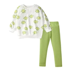 New Design 100% Cotton Girls Winter Clothing Sets Kids French Terry Long Sleeve Sweatshirt + Legging Pants Set