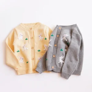 New Design Autumn Winter Kids Rabbit Embroidered Cardigan Children Cotton Knitted Toddler Girls Sweater