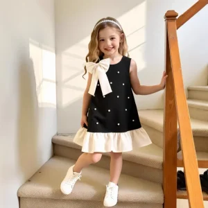 New Design Children Clothes Casual Sleeveless Round Neck Pearls Bowknot Girls a Line Dresses Kids Summer Dress