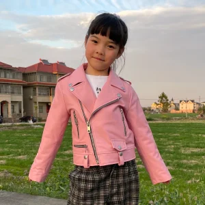 New Design Children Girls Boys Motorcycle Leather Jacket Windproof Spring Fall Zip up Custom Genuine Leather Jackets for Kids