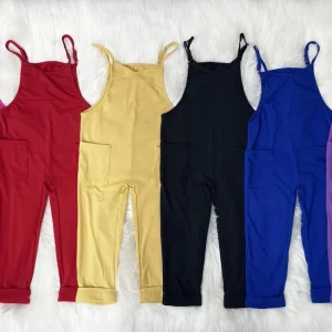 New Design Children Girl’s Soft Knitted Ribbed Romper Pockets Overalls Solid Jumpsuit Boutique Clothing for Kids Girls