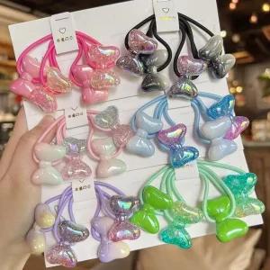 New Design Colorful Summer Sweet 2pcs Set Girls Beads Hair Rubber Band Twin Sparkling Heart Beads Kids Hair Ties Hair Accessories