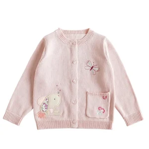 New Design Elegant Children Cardigan Sweet Solid Color Embroidered Girls Cotton Knitted Sweater