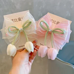 New Design Embroidery Flower Kids Girls Hair Bow Clips Bowknot Ribbon Hairpins Barrettes Hair Accessories