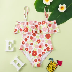 New Design Girls’ One Piece Swimsuit with Ruffled Neck Digital Print OEM Service 6 13 Years Sizes Cute Big Children’s Swimwear