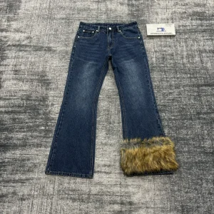 New Design New Style Custom Vintage Monkey Wash Men’s Loose Fit Flare Jeans With Detachable Fur