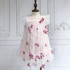 New Design Tulle Butterfly Girls Fashion Short Dress Breathable Support Custom Pattern Logo Girls Casual Dresses 1 5 Years
