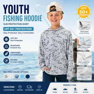 New Design UPF 50 Lightweight Long Sleeve Camo Kids Fishing Hoodie