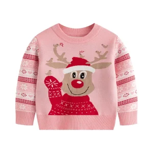 New European and American Kid’s Christmas Reindeer Jacquard Sweater Boys and Girls Baby Pullover
