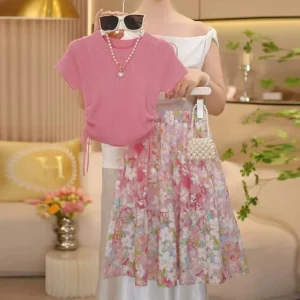 New Fashion 2 Pcs Girls Clothing Set Solid Knitting T-shirt Top + Tulle Floral Skirt Outfits for Girls