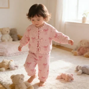 New Fashion Baby Autumn and Winter Sweater Set for Girls with Butterfly Jacquard Knit Tie Cardigan Jacket and Pants Separate Set