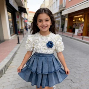 New Fashion Girls Princess Dress Ruffles Puff Sleeve 3D Flower Patchwork Denim Dress for Girls