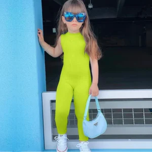 New Fashion Kid Girl Neon Green Solid Sleeveless Long Jumpsuit Pink Kid Girl Candy Color Thin Overalls 2 7 Years