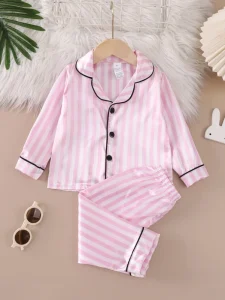 New Fashion Spring Summer Children Sleepwear 2pcs Pajamas Set Girl Long Sleeve Plain Cartoon Washable Button