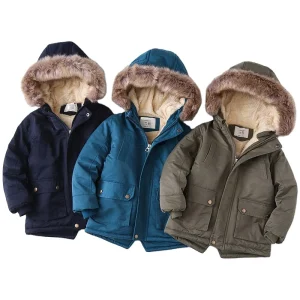 New Fashion Winter Coat for Boys Children Cotton Padded Clothes with Hood Velvet Thick Material Zipper Closure