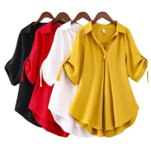 New Fashion Women Girls Lapel V neck Solid Color Half Sleeve Tops Comfort Casual Blouse T shirt Loose Shirt
