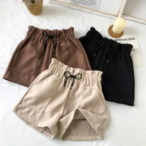 New Fashion Women Girls Solid Color Elastic Waist Thicken Wide Leg Straight Loose Casual Shorts